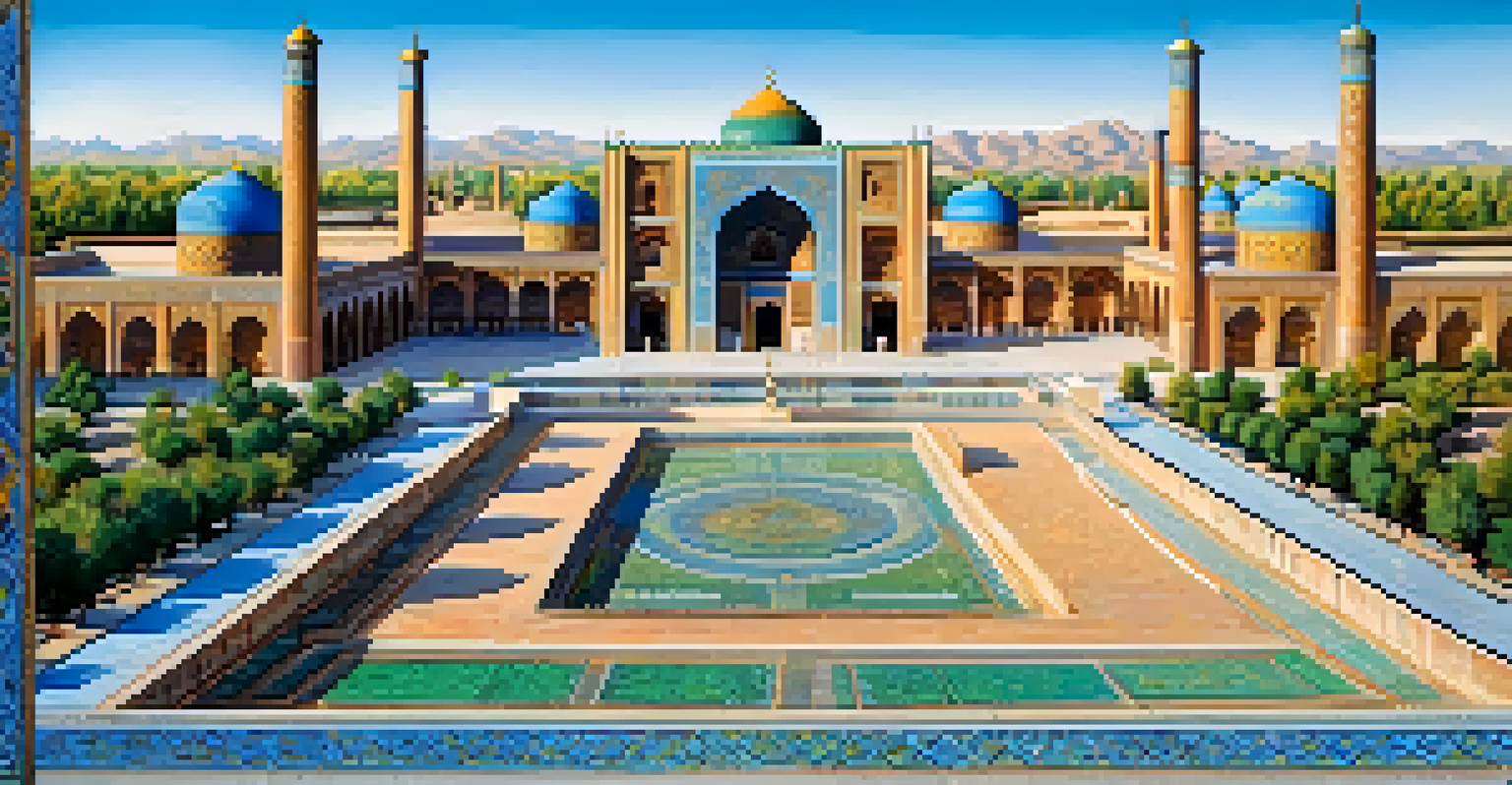 A wide-angle view of Registan Square in Samarkand, featuring detailed madrasahs with colorful tiles and a bright blue sky.