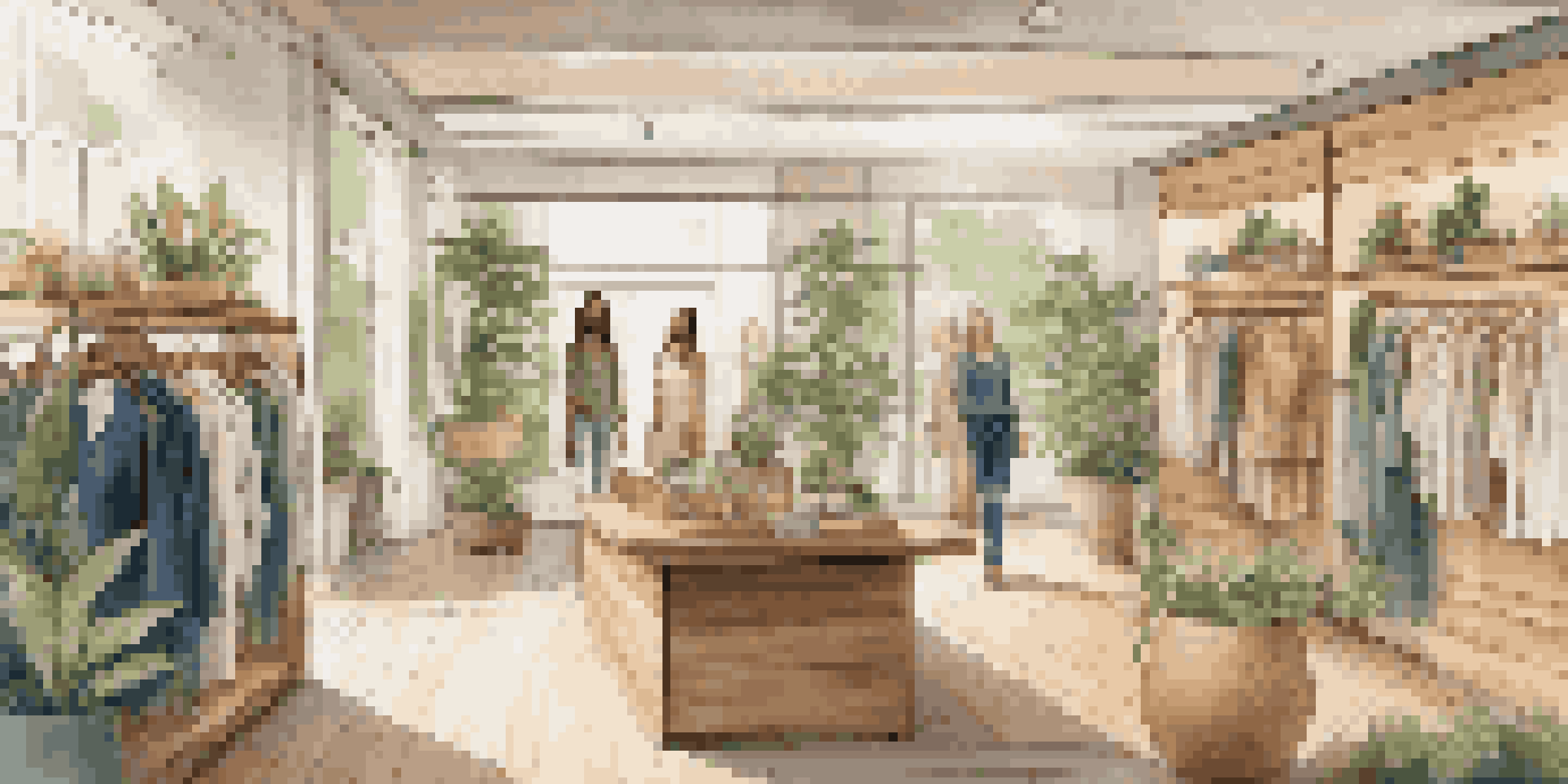 A fashion boutique with eco-friendly clothing and natural decor, showcasing diverse customers browsing.