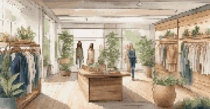 A fashion boutique with eco-friendly clothing and natural decor, showcasing diverse customers browsing.