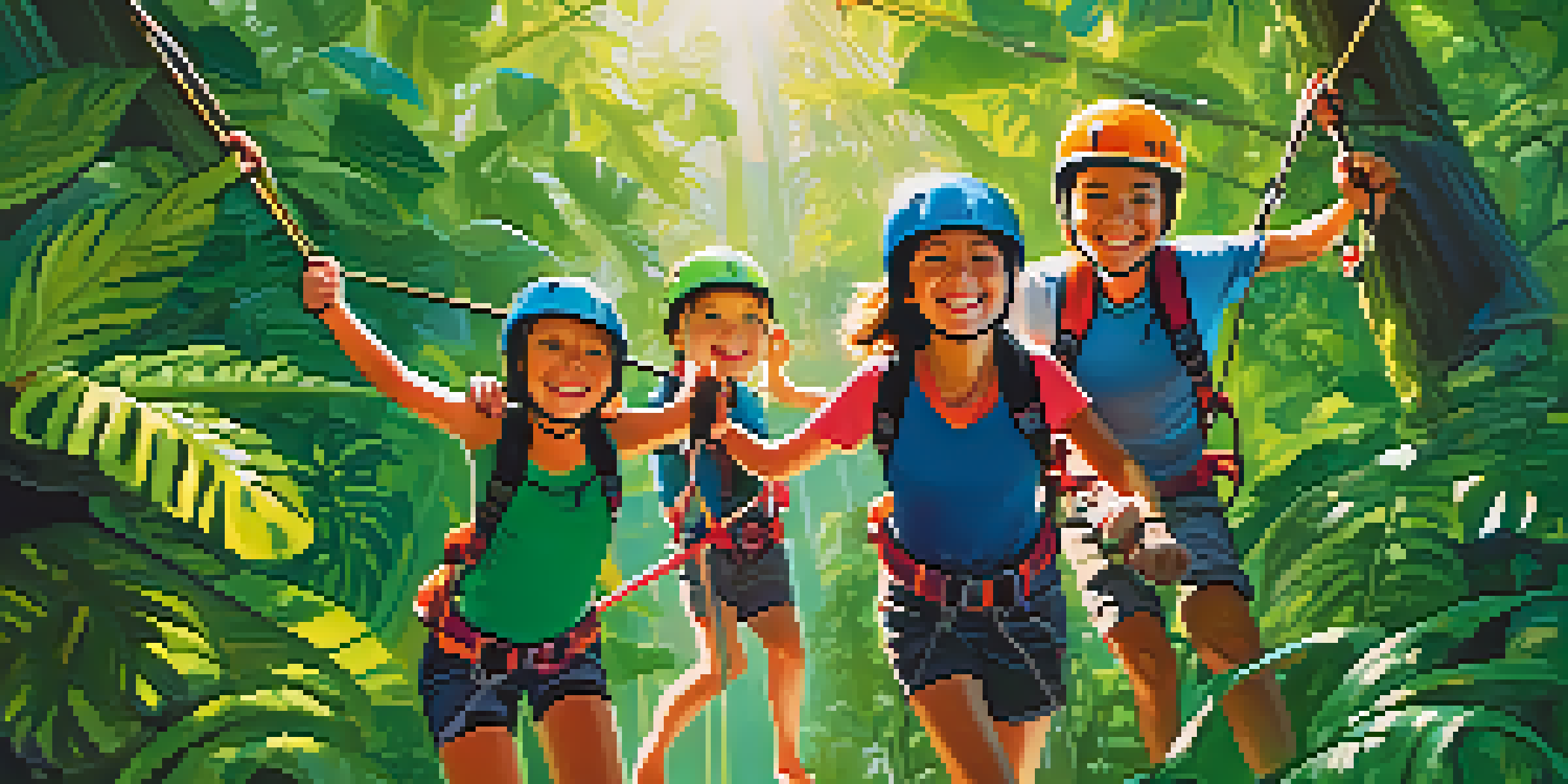 A family zip-lining through a vibrant rainforest, with sunlight filtering through the leaves.