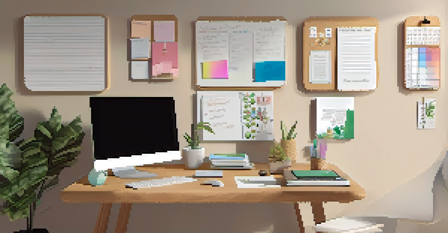 A minimalist workspace with a laptop, desk lamp, corkboard, and an indoor plant, illuminated by soft light.