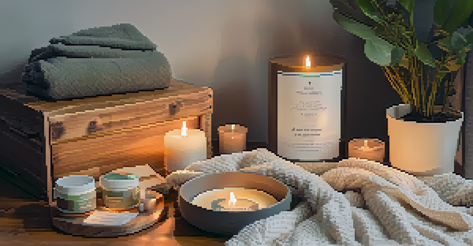 A cozy self-care setup with a blanket, candle, and an open wellness box showcasing skincare items and a steaming cup of tea, all under warm lighting.