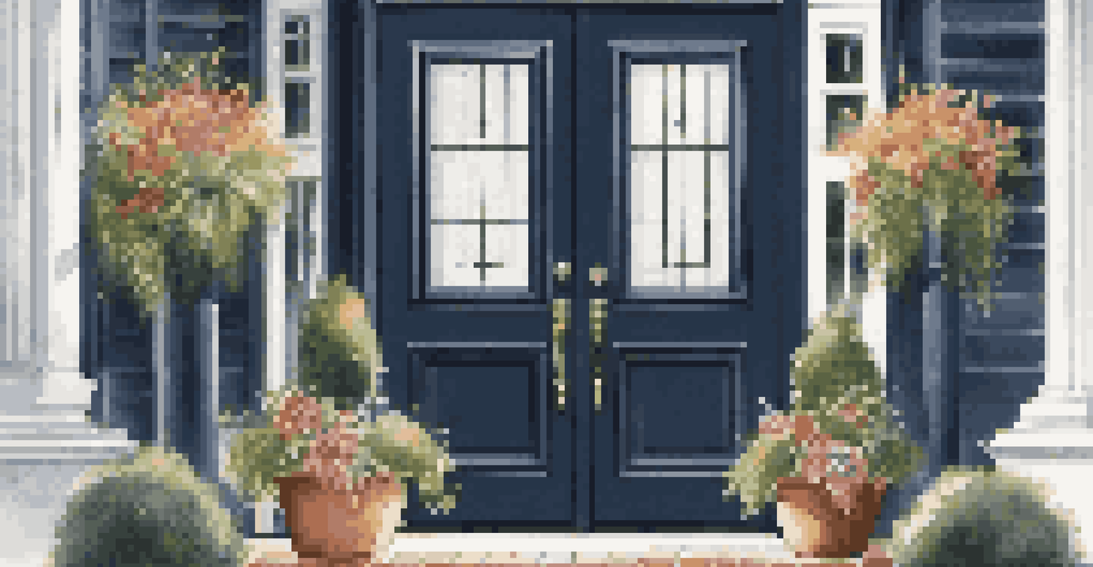 A close-up of a navy blue front door with white trim and seasonal flower planters, illuminated by soft lighting for a welcoming look.