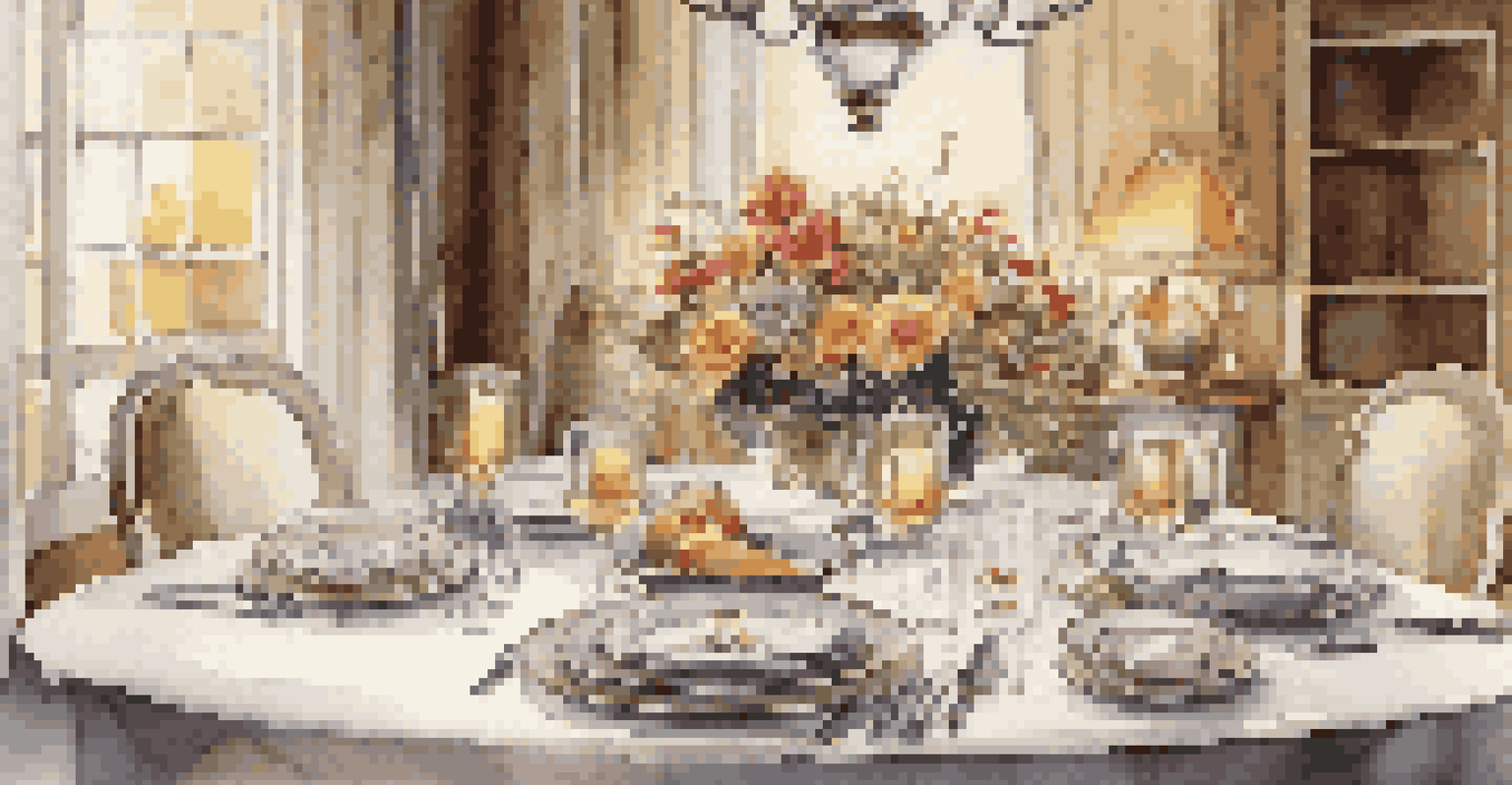 An elegantly set dining table for fine dining with exquisite dinnerware and a floral centerpiece, illuminated by soft lighting.