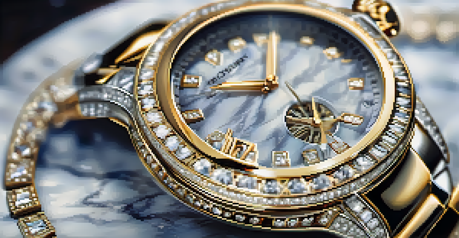 A close-up of a luxury diamond watch on a marble surface, with dramatic lighting showcasing its details.