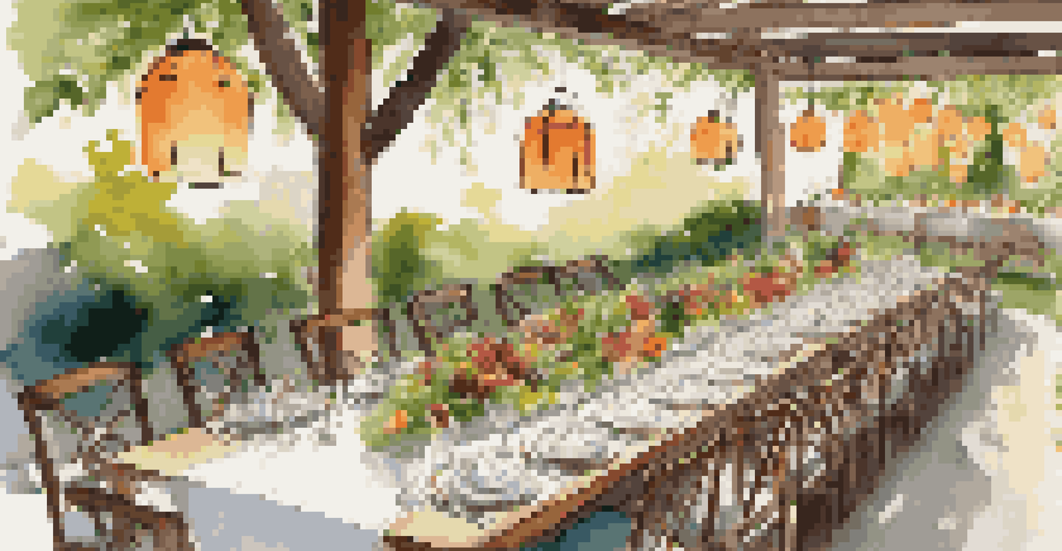 An outdoor dining scene at a luxury retreat with a table set for a meal featuring vibrant salads in a lush garden.