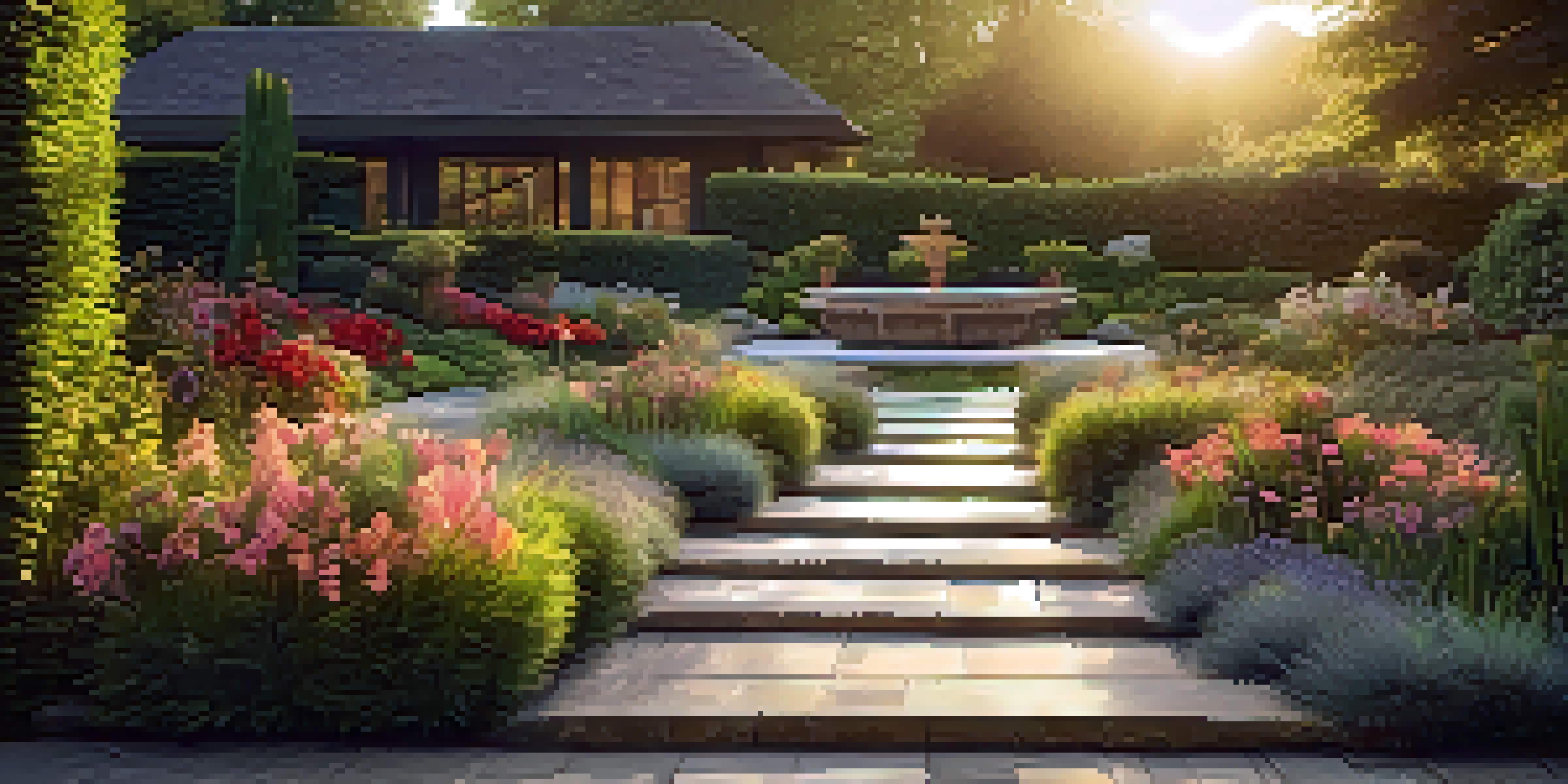 A beautiful garden with a slate pathway leading to a pond, surrounded by colorful flowers and stone sculptures under a warm sunset.