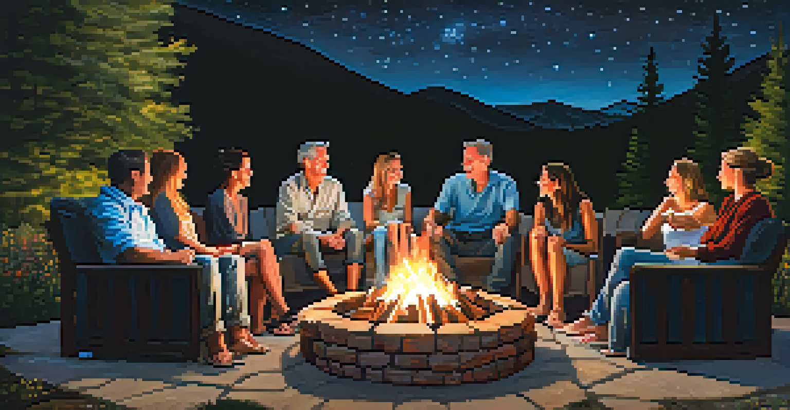 A group of people around a fire pit at night, with stars and mountains in the background.