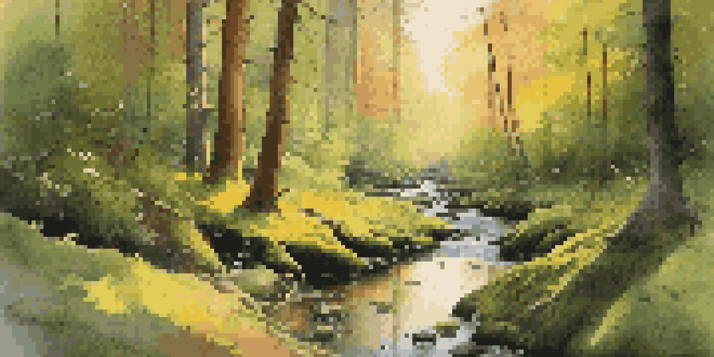 A peaceful forest with sunlight streaming through the trees and a gentle stream in the foreground, surrounded by green moss and wildflowers.