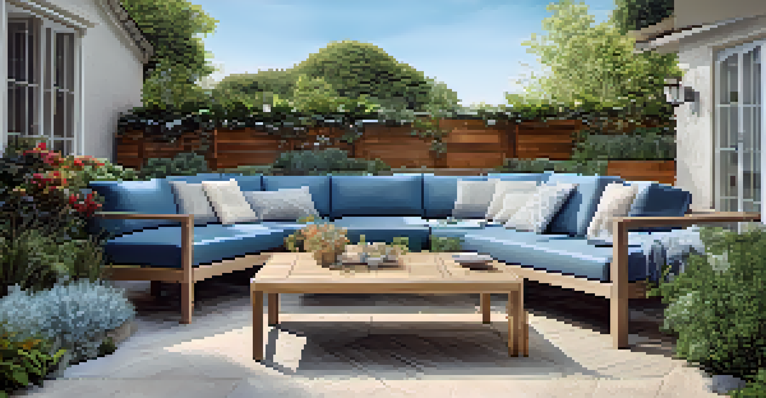 An inviting patio with recycled plastic furniture and permeable paving, surrounded by a beautifully landscaped garden.