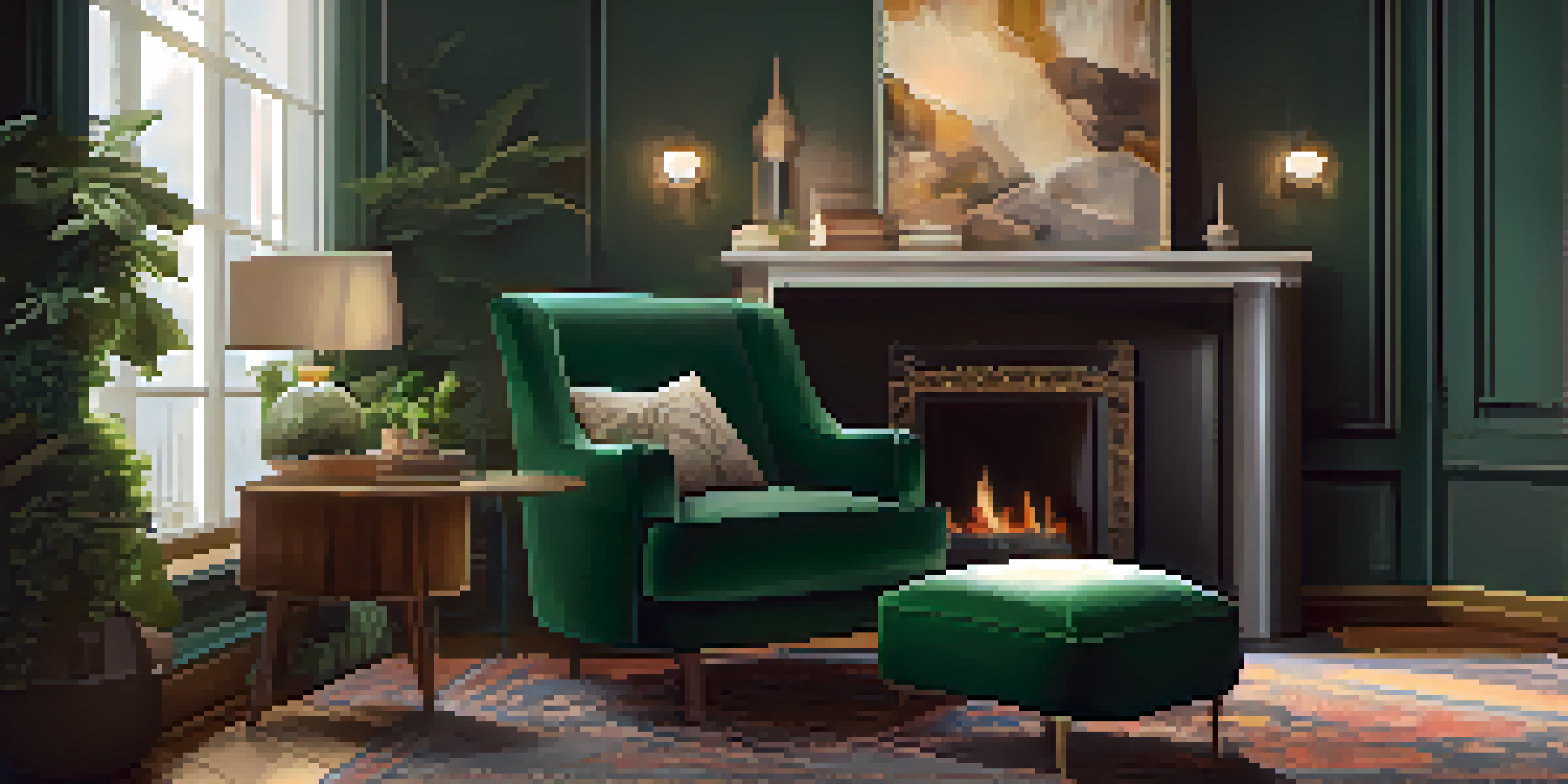 A cozy living room with a green velvet armchair, a cashmere throw, warm lighting, and layered rugs and art.