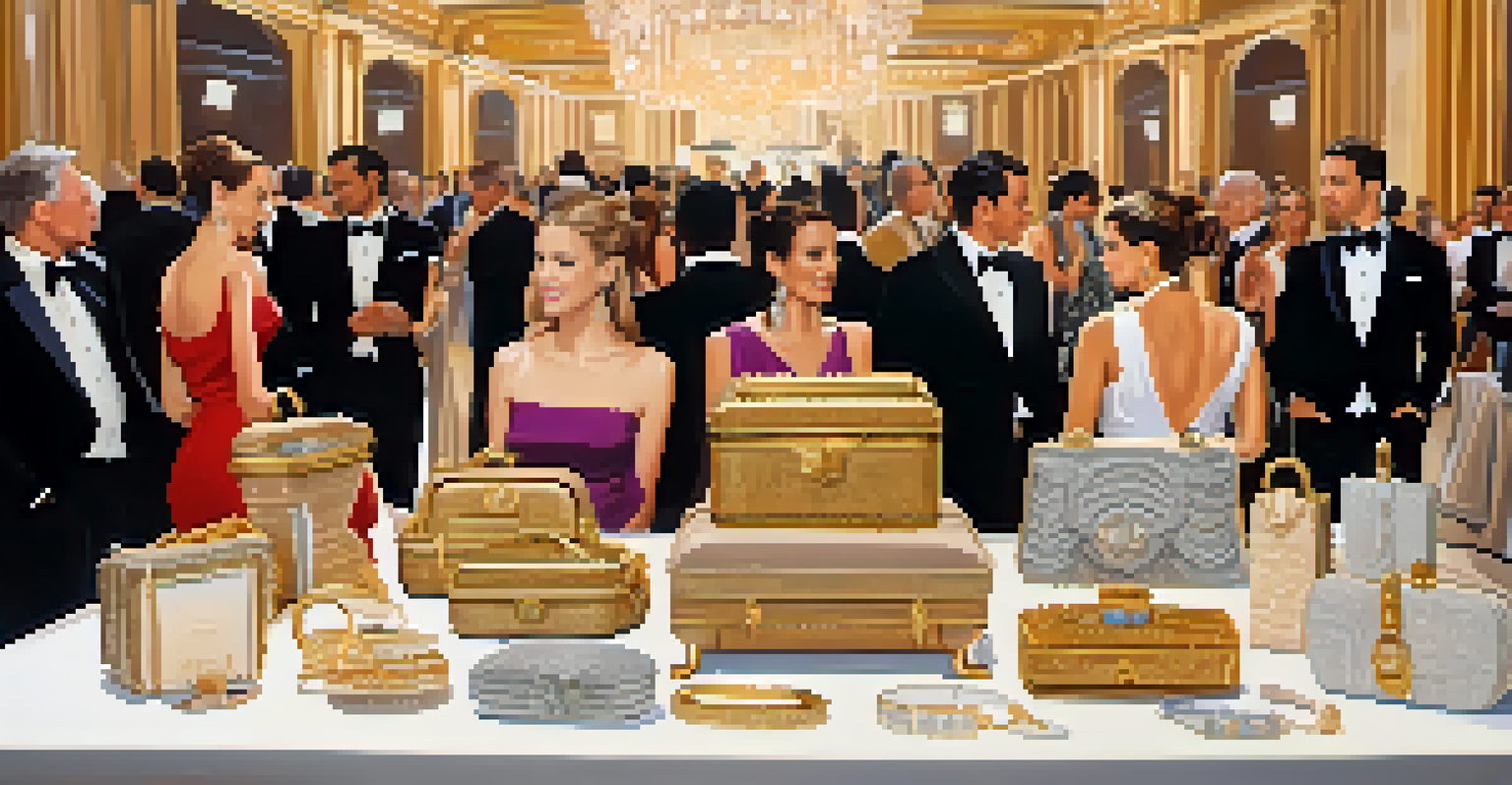 A close-up of an auction table displaying luxurious items like handbags and jewelry, with guests in elegant attire in the background.