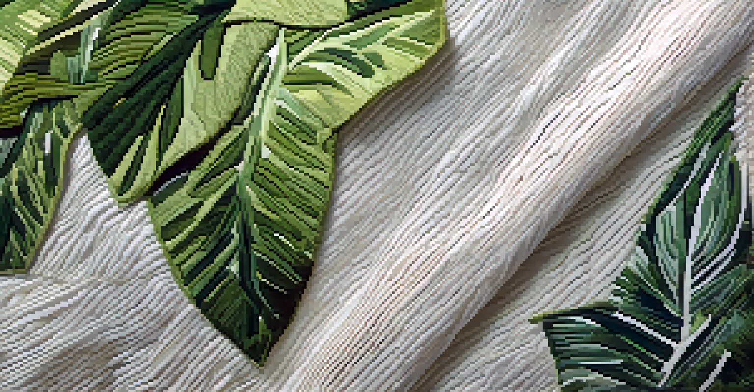 A close-up of a sustainable luxury fashion garment made from eco-friendly materials, surrounded by plants and illuminated by soft natural light.