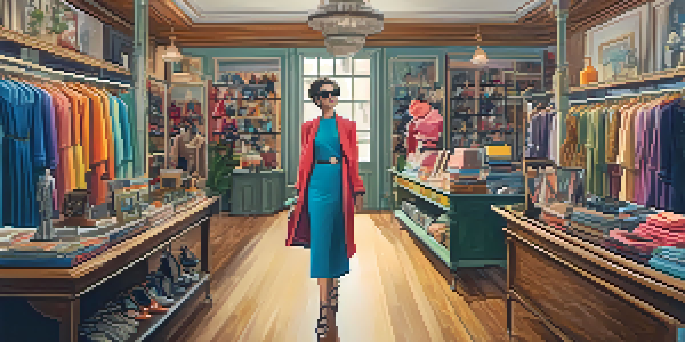 A vintage clothing shop filled with colorful clothing and accessories, featuring a stylish older woman browsing among the racks.