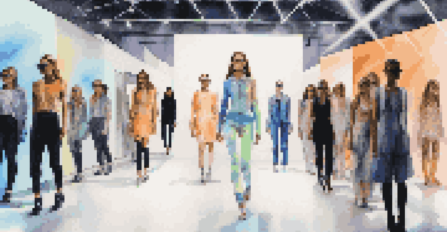 A modern fashion show with models on the runway and holograms of digital designs, set in a contemporary art gallery with dynamic lighting.