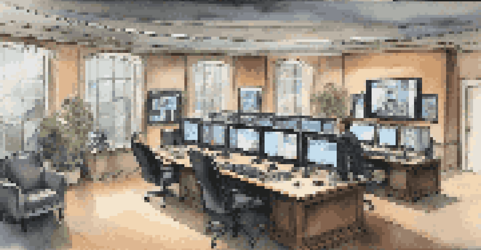 A high-tech security room with multiple monitors showing live security footage, emphasizing luxury home security.