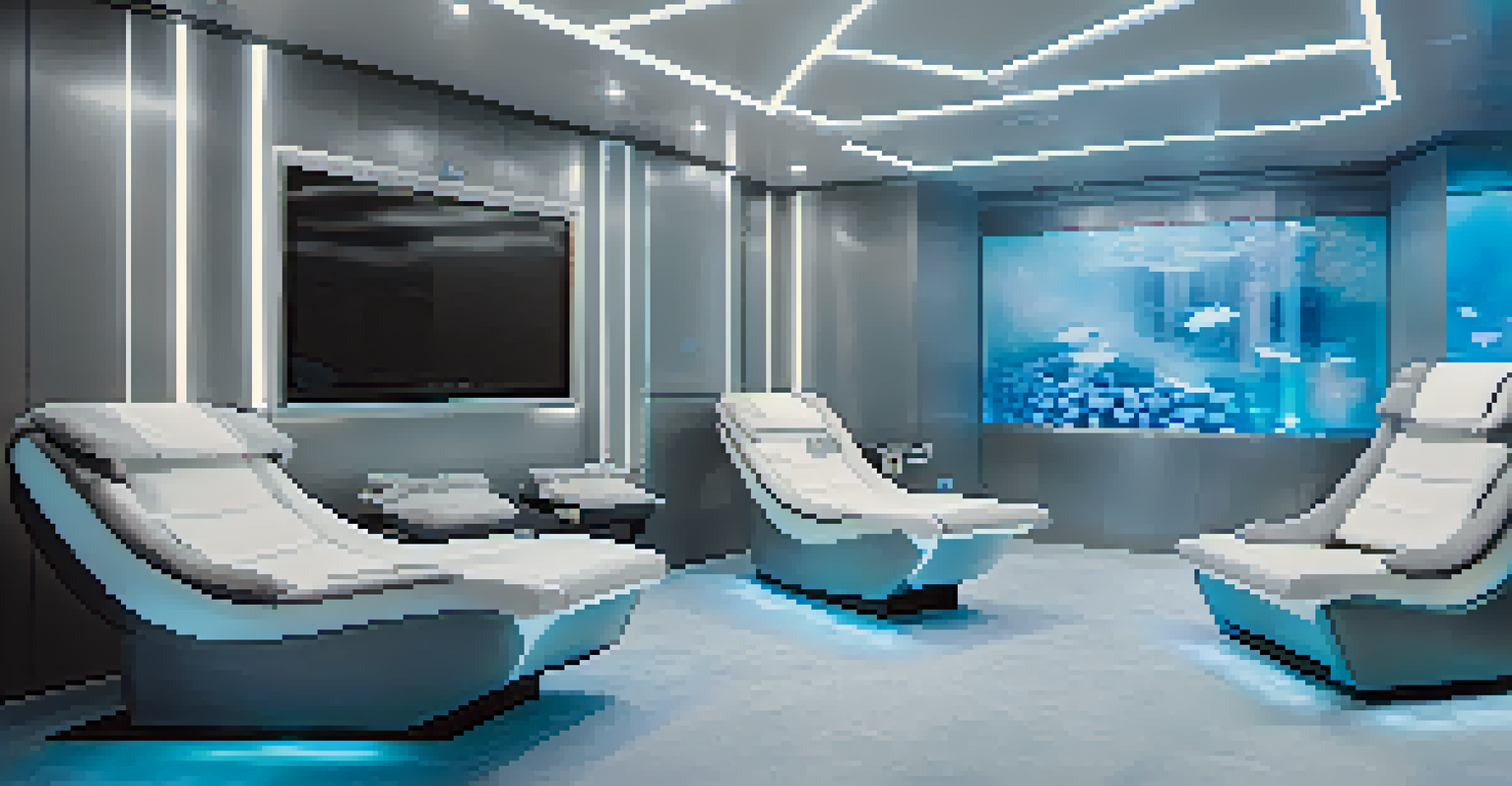 An elegant recovery room with cryotherapy equipment and calming blue lighting, showcasing luxury wellness.