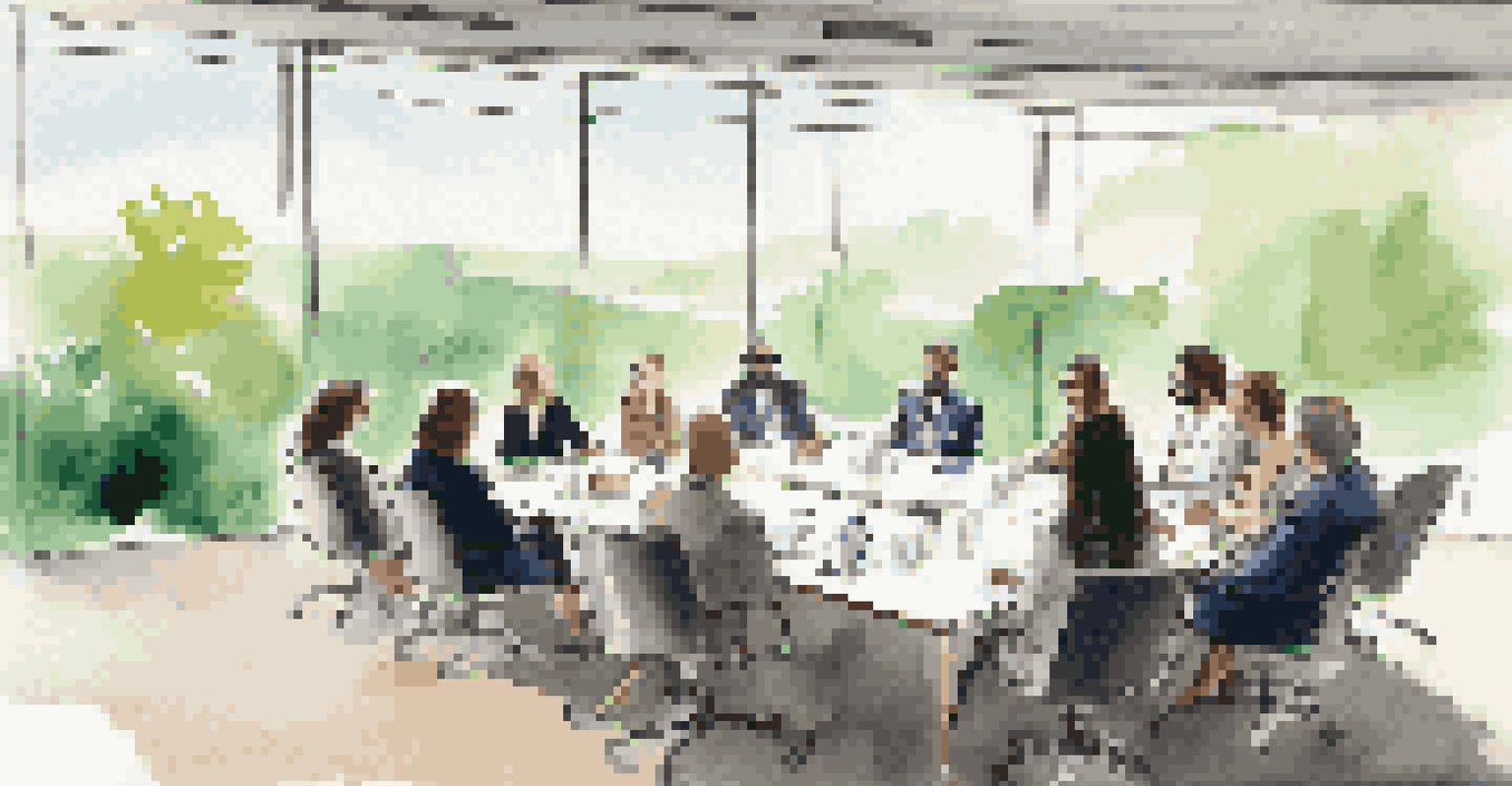 A meeting room with fashion and environmental representatives discussing biodiversity and sustainability.