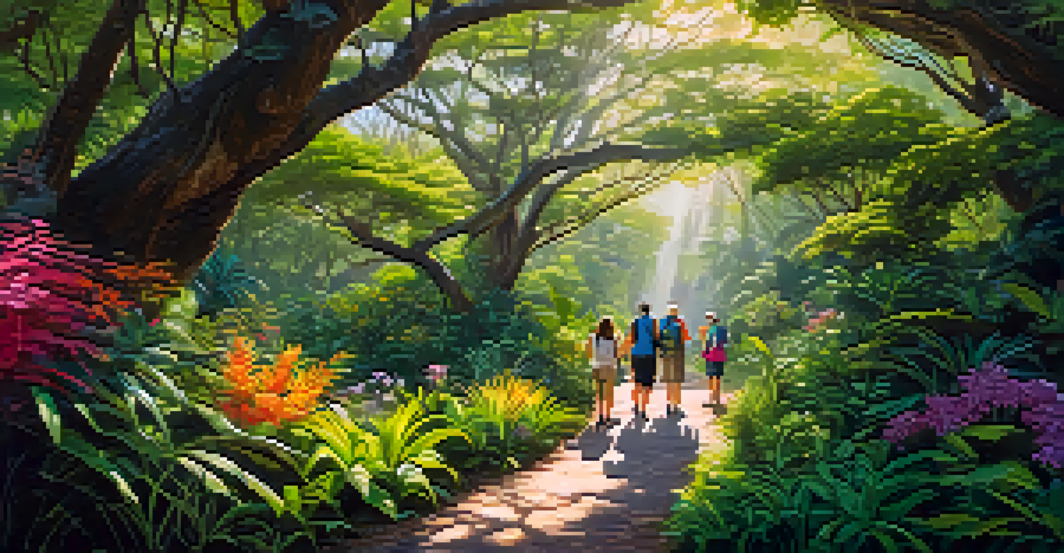 Travelers on a nature walk in a rich biodiversity area, guided by a local expert amidst vibrant flora.