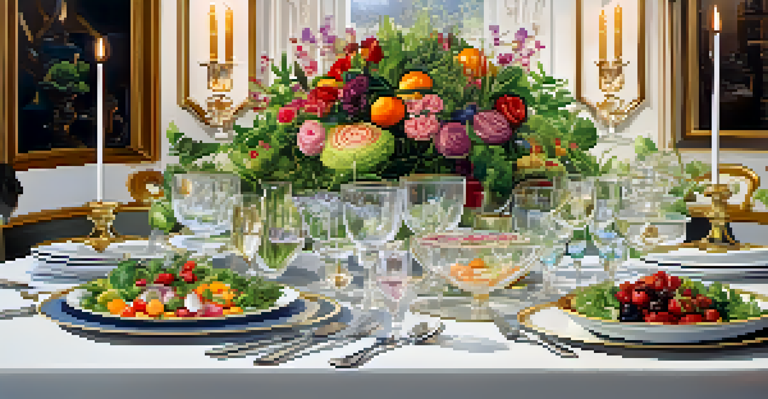 An elegant dining setup with a multi-course plant-based meal, featuring fine china and beautifully presented dishes.