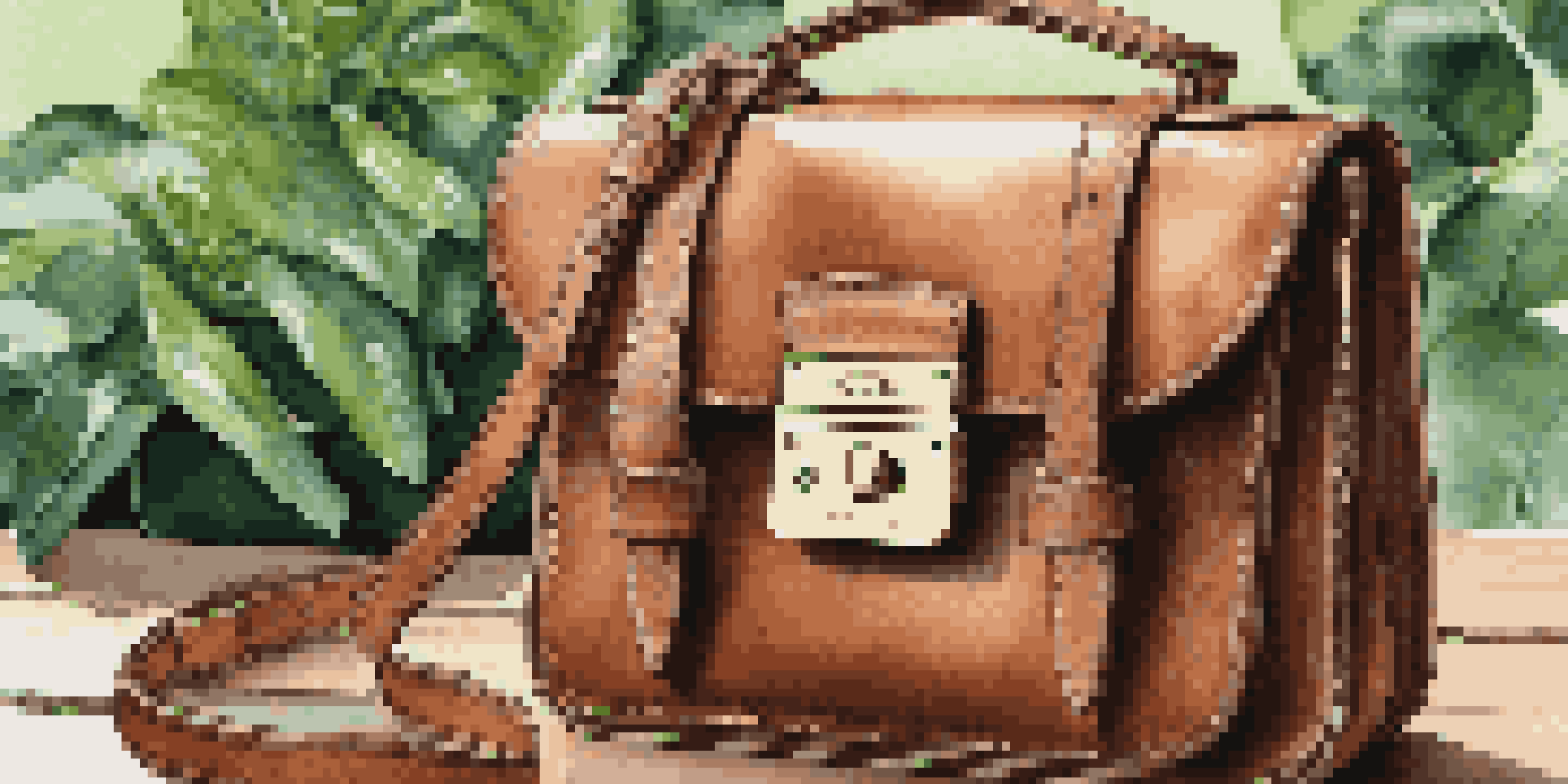 A luxury handbag made from ethically sourced leather, surrounded by green plants, showcasing its details in natural lighting.