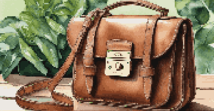 A luxury handbag made from ethically sourced leather, surrounded by green plants, showcasing its details in natural lighting.