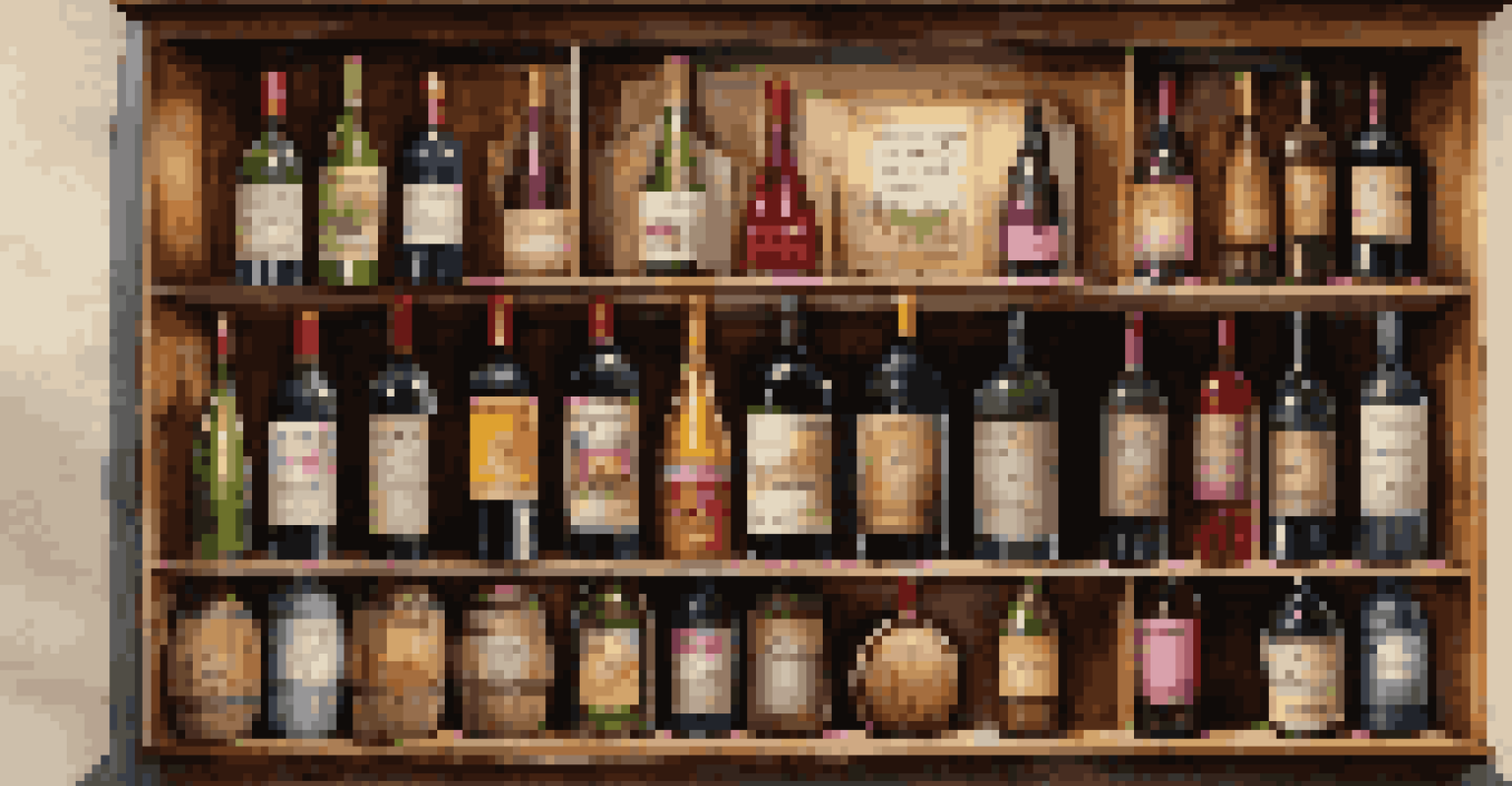 An assortment of wine bottles on a wooden shelf with colorful labels in a rustic wine cellar.