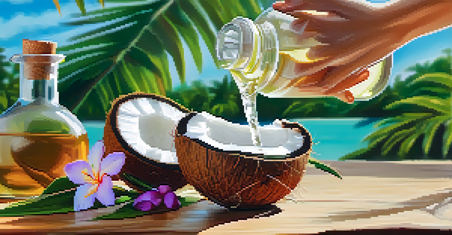 A hand pouring coconut oil into a glass container, with coconuts and flowers in the background, highlighting organic ingredients.
