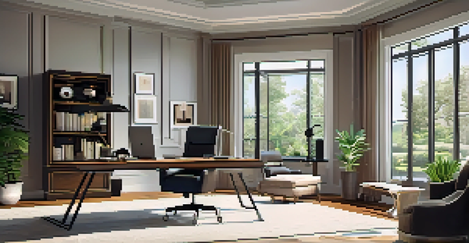 A stylish home office with an ergonomic desk, comfortable chair, and large windows allowing sunlight in, decorated with plants and high-quality tech equipment.