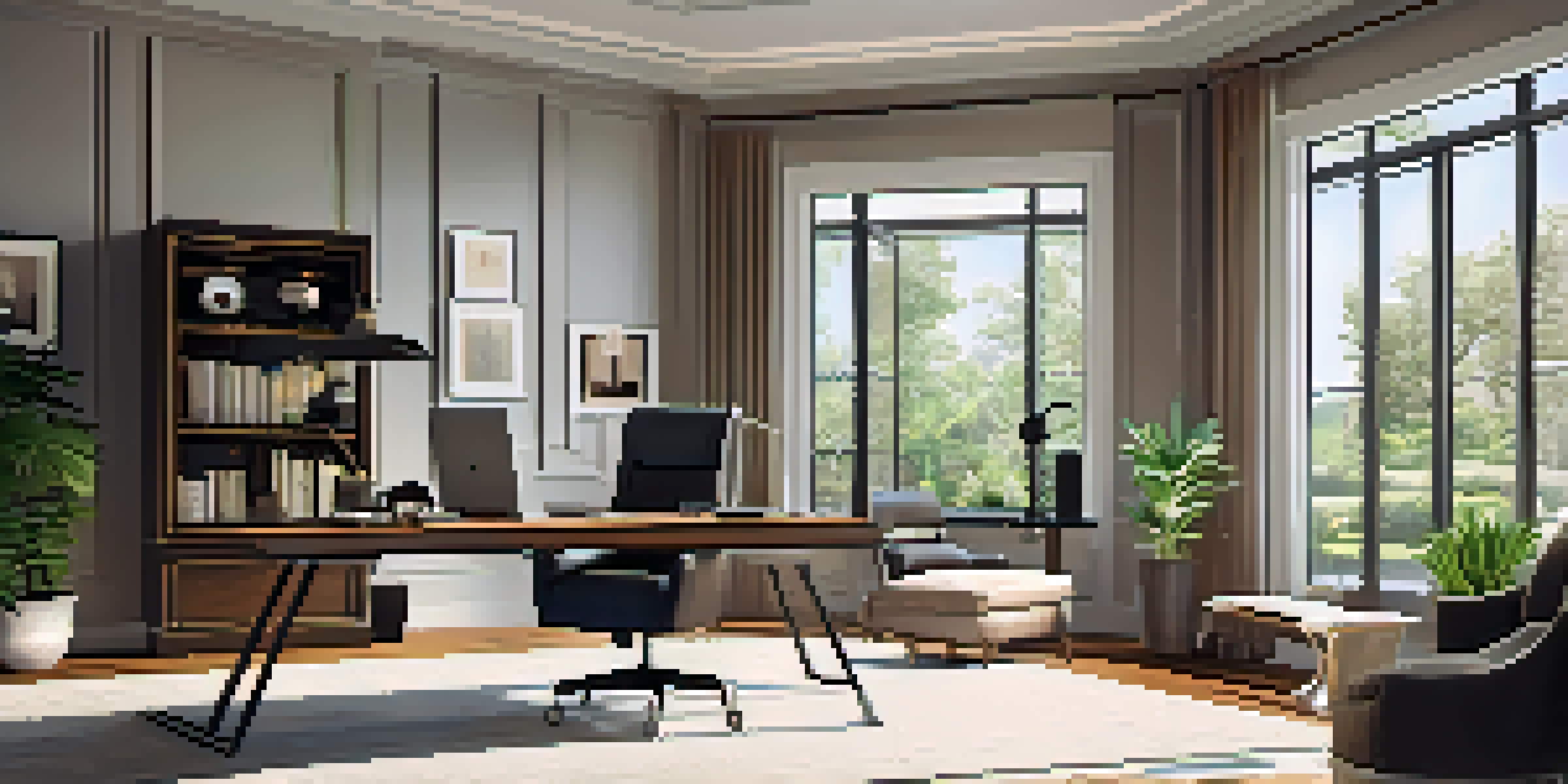 A stylish home office with an ergonomic desk, comfortable chair, and large windows allowing sunlight in, decorated with plants and high-quality tech equipment.