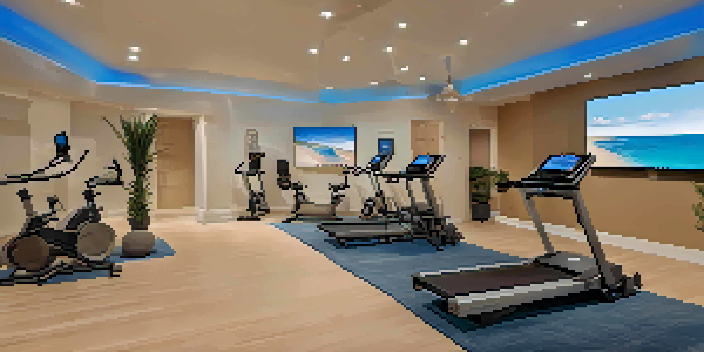 A luxurious fitness studio with virtual reality equipment and serene beach projections, elegantly designed.