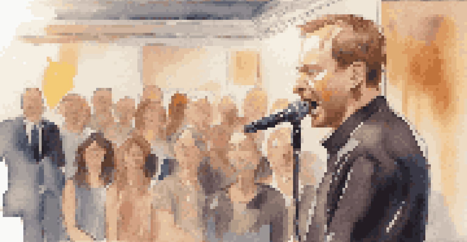 A speaker at a charity event sharing a heartfelt story, with warm lighting and an engaged audience in the background.