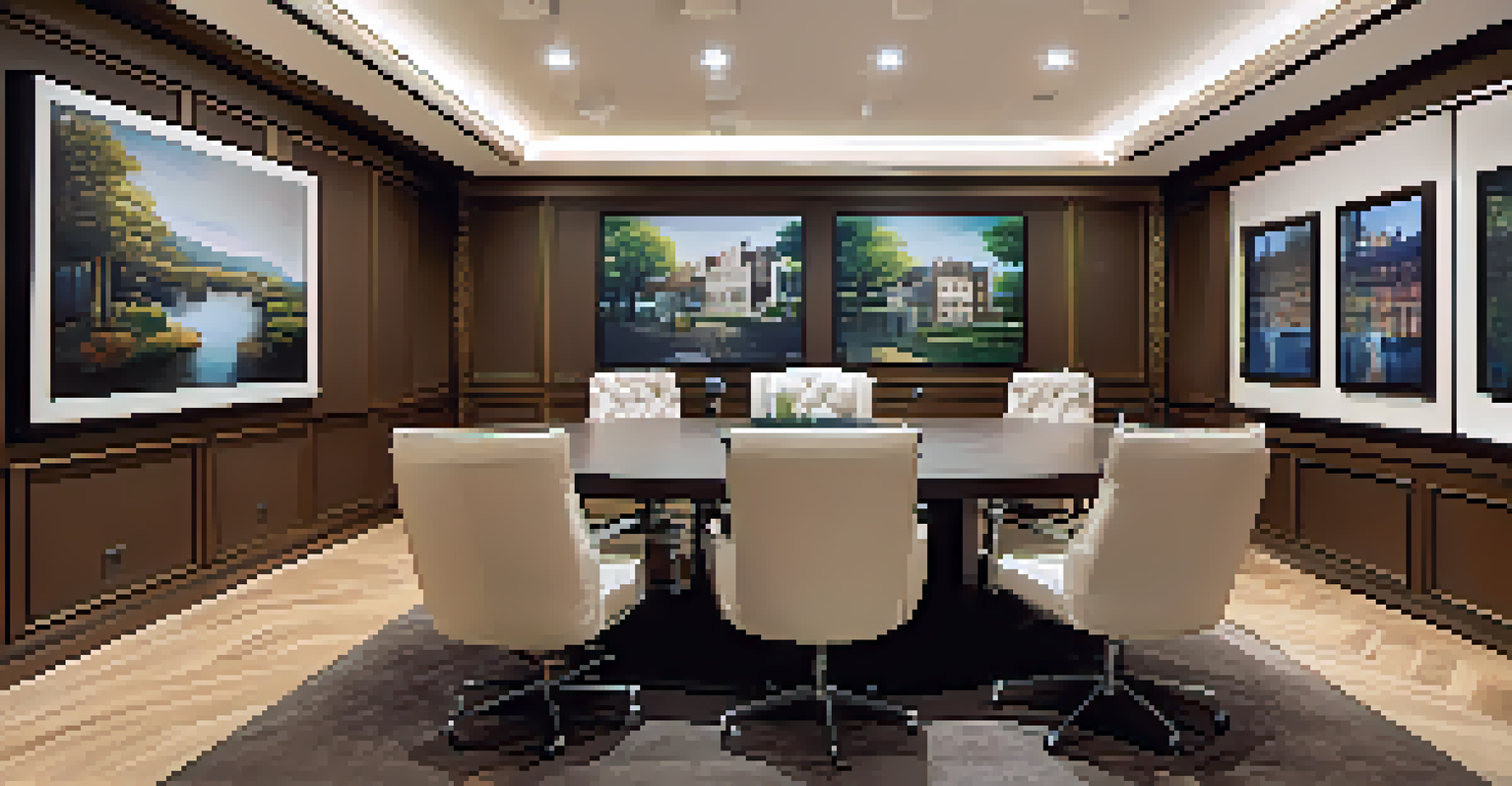 A professional podcast studio designed for luxury real estate discussions, featuring microphones and stylish decor.