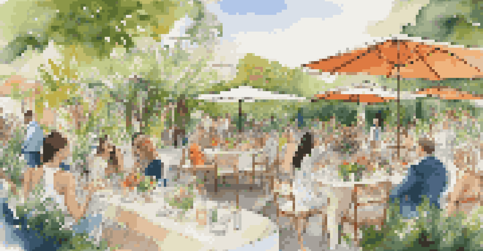 An outdoor garden event for an eco-friendly luxury brand, featuring guests mingling among greenery and art installations made from recycled materials under natural sunlight.