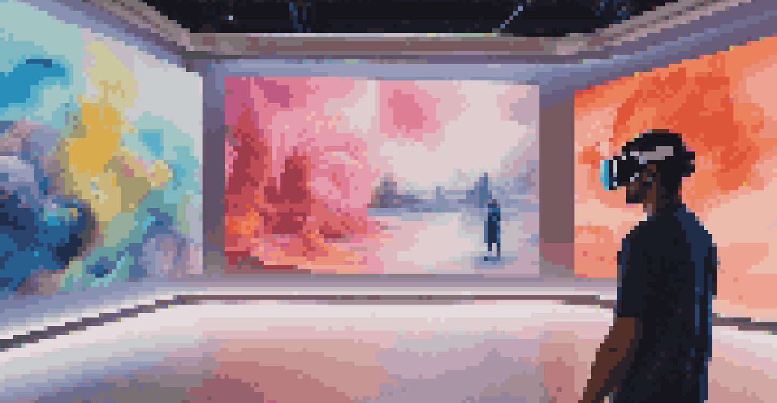 A person wearing virtual reality goggles in a digital art gallery surrounded by floating artworks.