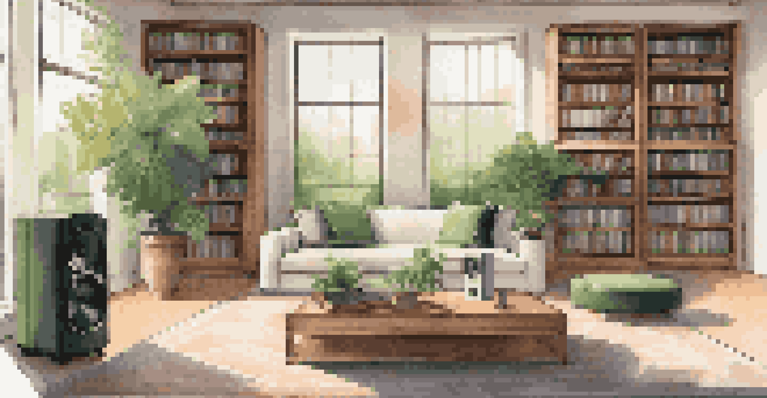A modern sound system in a spacious library, featuring multiple speakers and a smart speaker, complemented by plants and natural light.