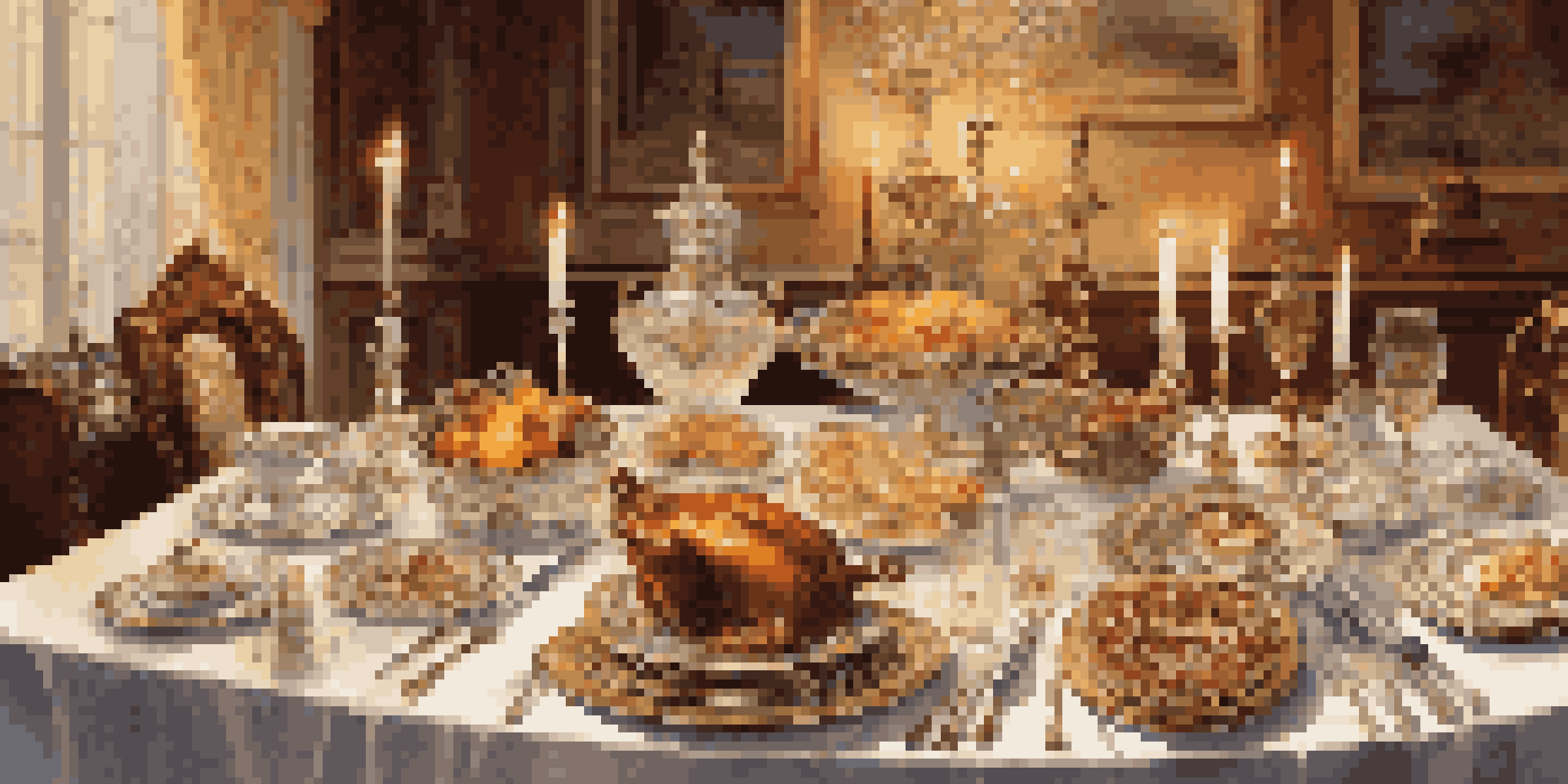 A lavish Victorian dining table decorated with fine china and crystal, showcasing various gourmet dishes under soft candlelight.