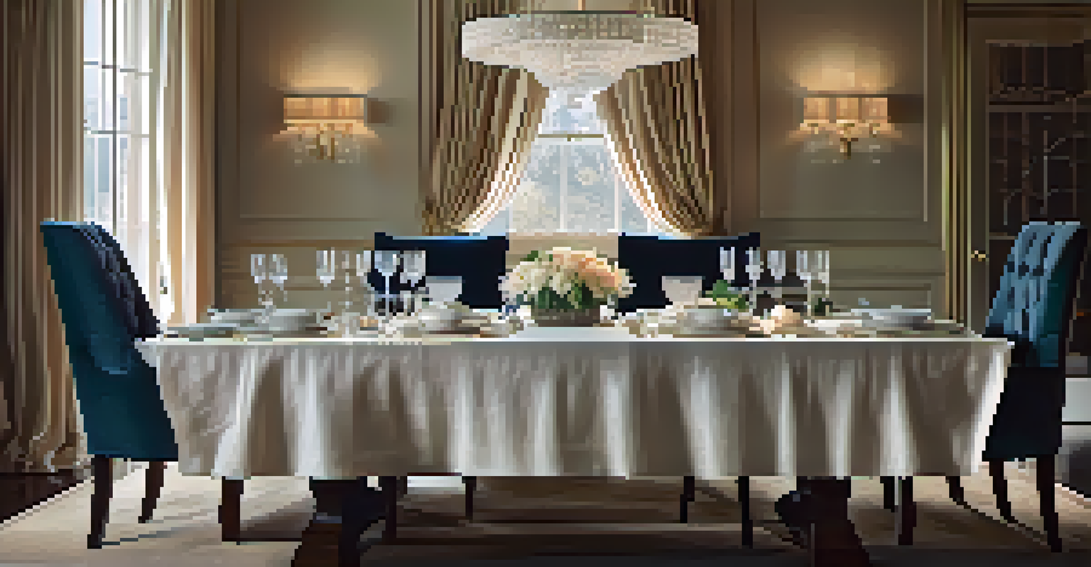 An elegant dining area with a linen tablecloth, fine china, crystal glassware, and velvet chairs, illuminated by soft overhead lighting.