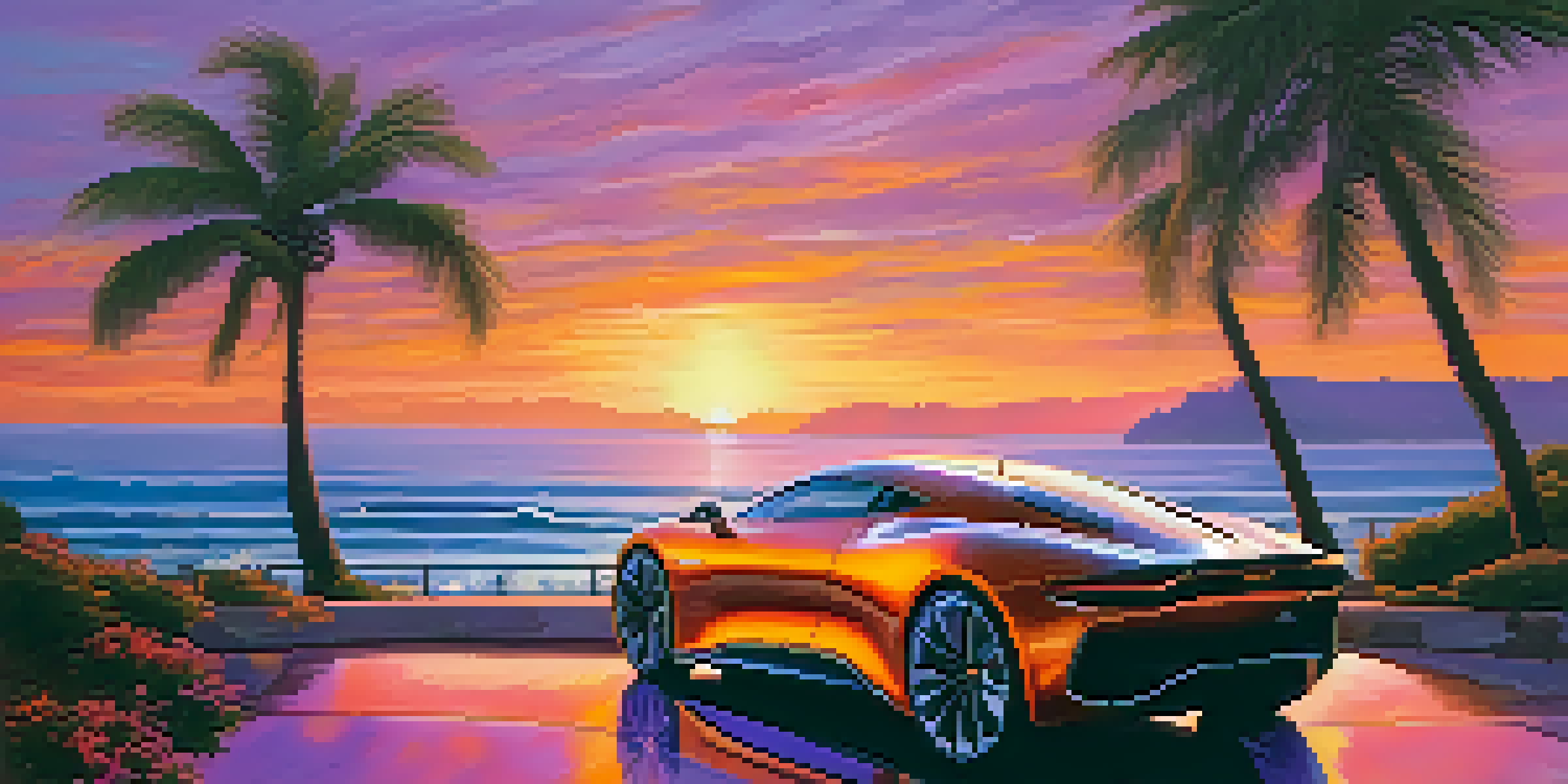 A sleek electric performance car parked on a scenic coastal road at sunset, with vibrant colors in the sky and ocean waves in the background.