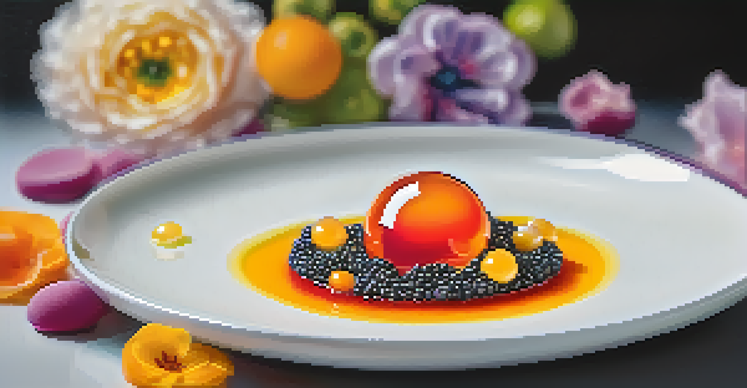A beautifully plated molecular gastronomy dish with spherical fruit pearls, edible flowers, and colorful foam on a white plate.