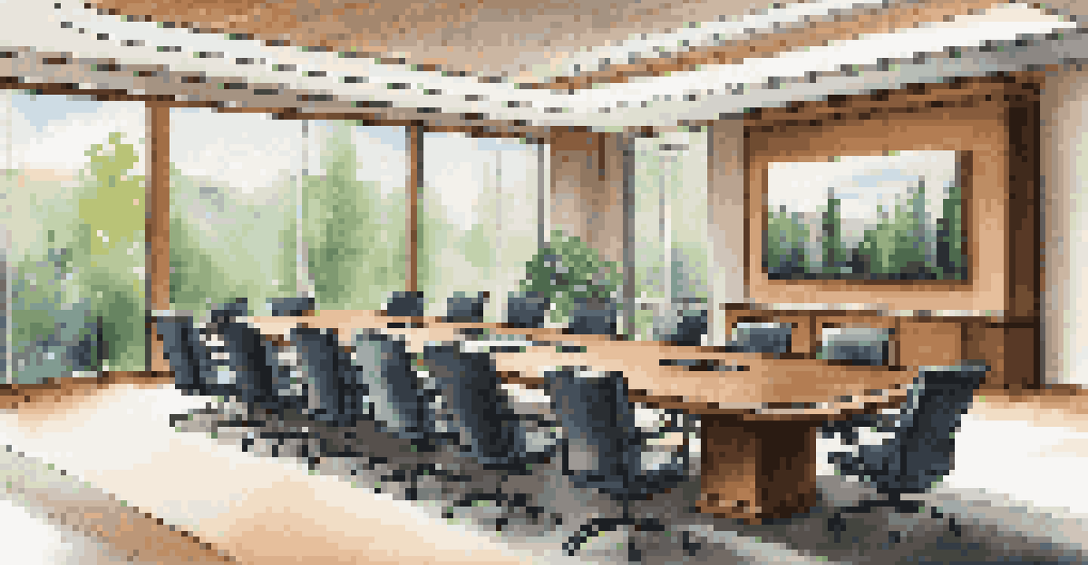 A modern conference room with a large table and AV equipment, featuring views of nature through big windows.