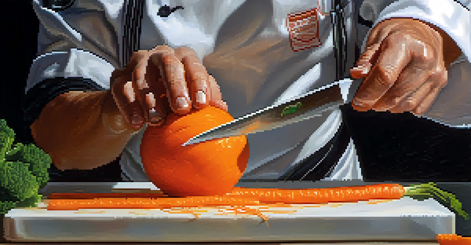 A chef's hands making a tourne cut on a carrot, highlighting the precise technique.
