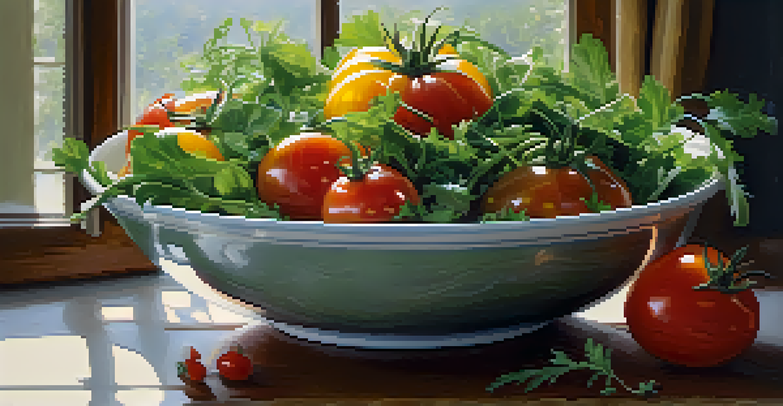 A gourmet salad with heirloom tomatoes, greens, and olive oil in an elegant bowl.