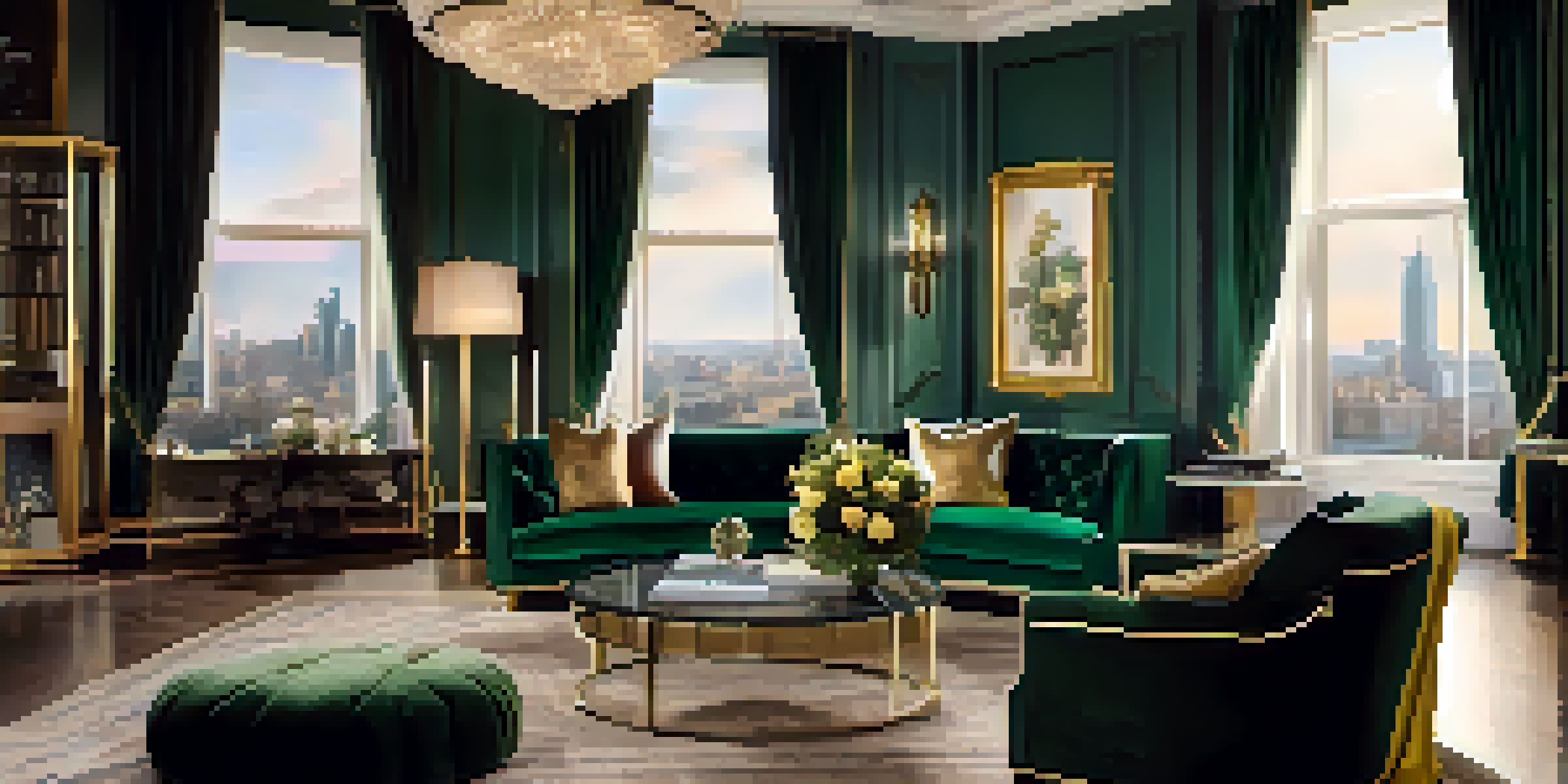 A luxurious living room with an emerald green sofa, gold cushions, a chandelier, and a view of a city skyline at sunset.