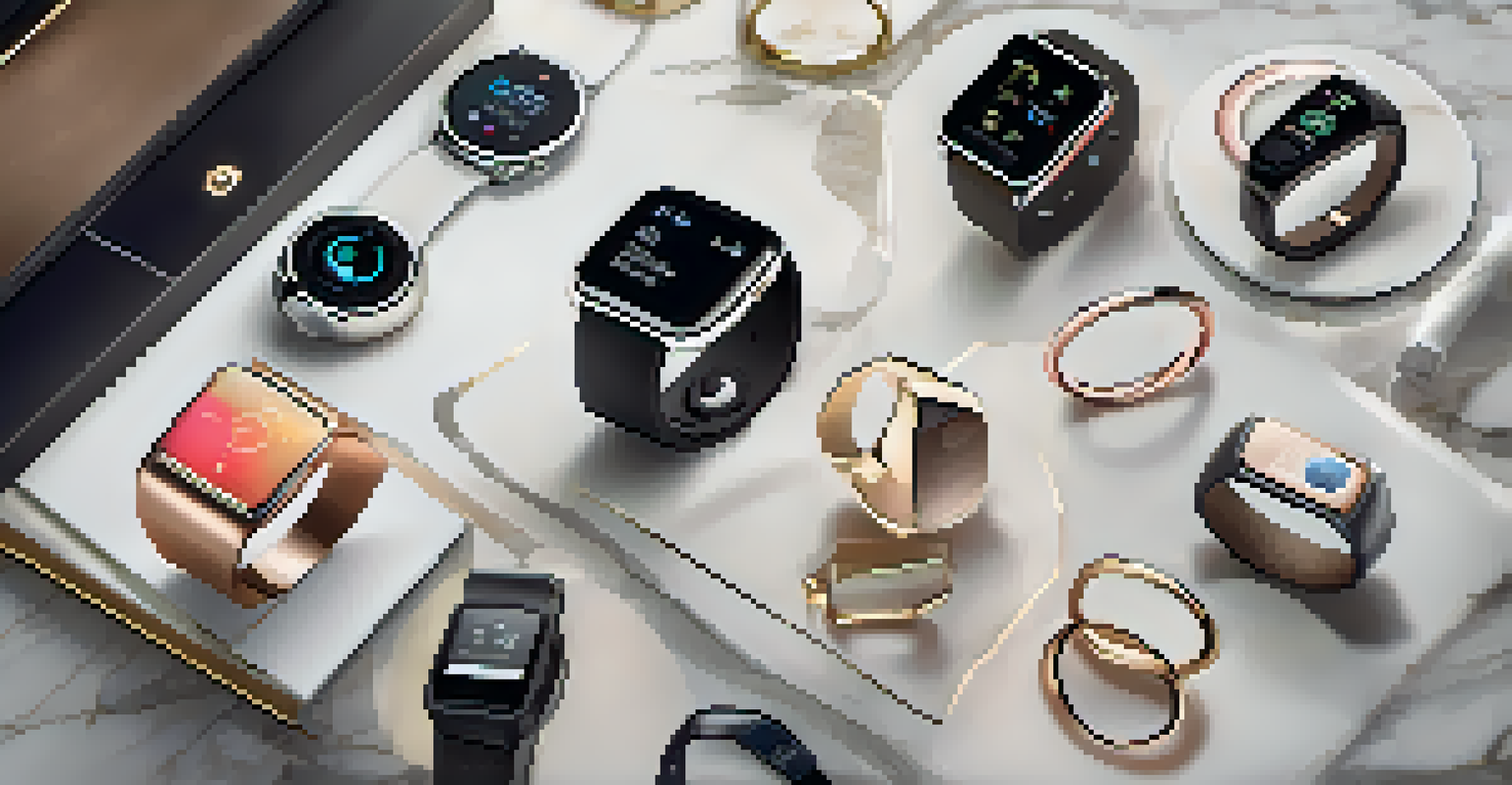 A collection of fashionable smart wearables including watches and rings on a marble surface.