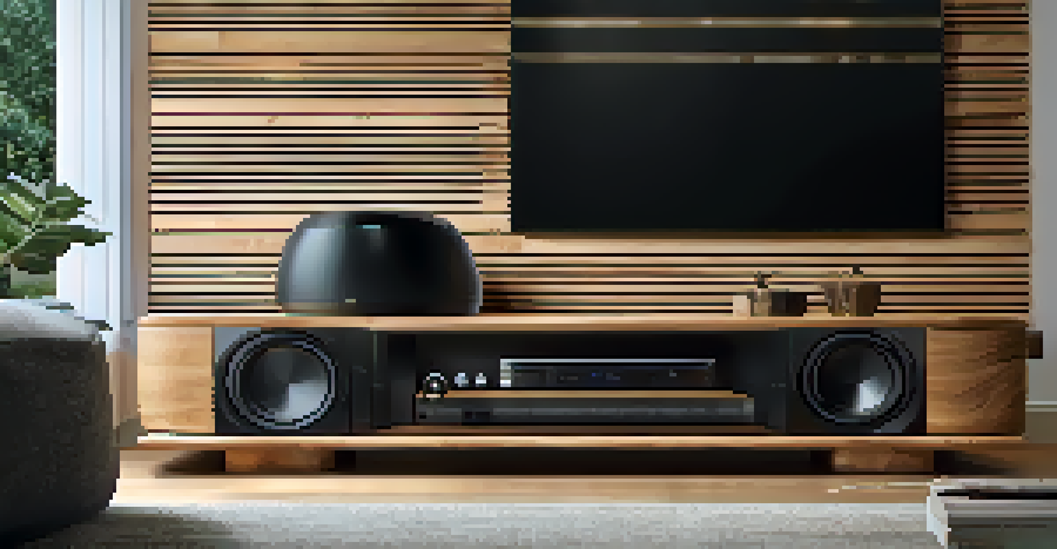 A close-up of a sleek subwoofer in a modern living room setting.