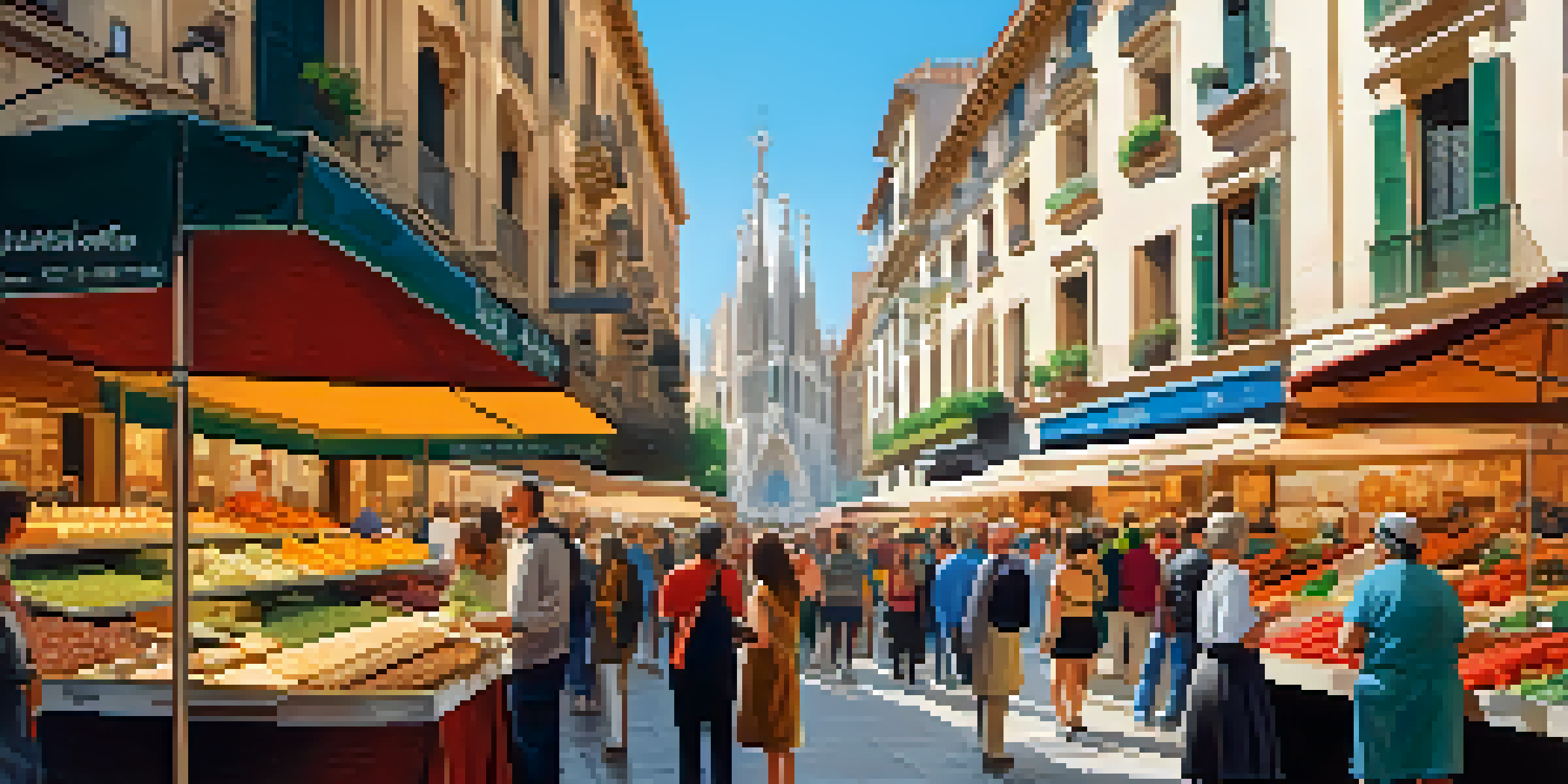 A lively street market in Barcelona with colorful cheese displays and fresh produce, shoppers interacting, and historic buildings in the background.