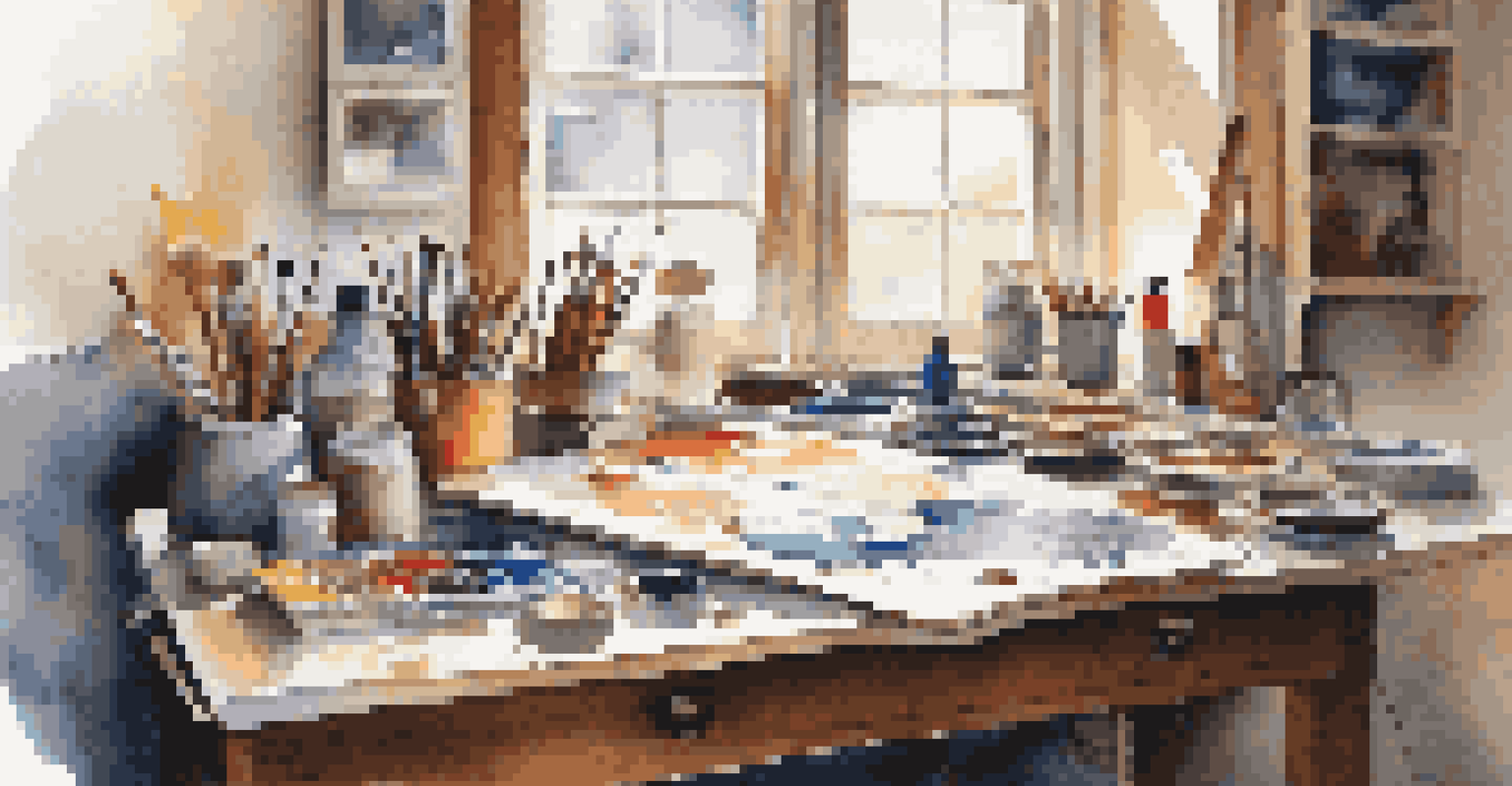 An artist's workspace with vibrant art supplies, a half-finished painting, and natural light pouring in through a window.