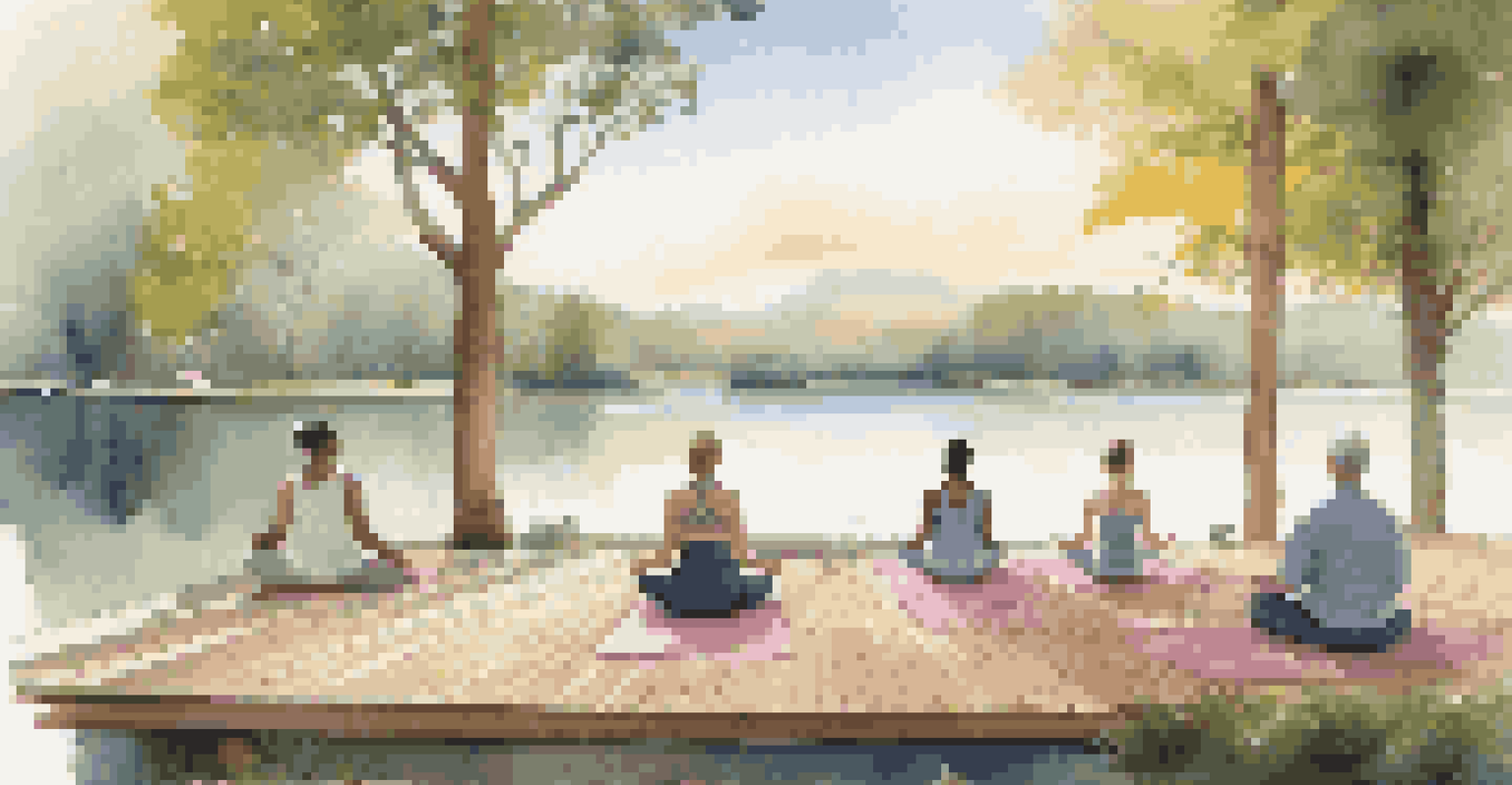 An outdoor spa area with participants meditating on yoga mats by a peaceful lake, surrounded by nature.