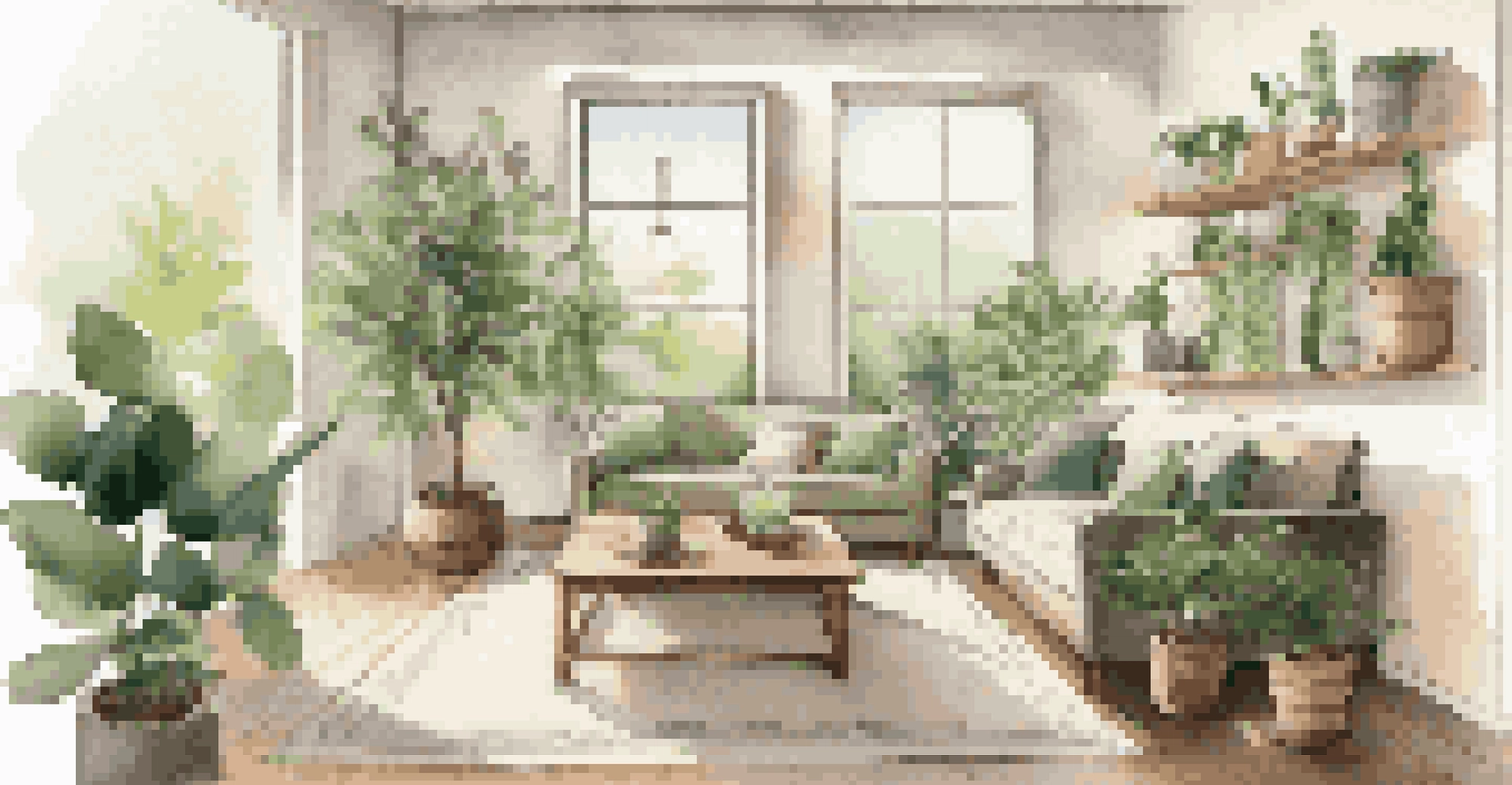 A cozy living room with ethically sourced furniture and decor, filled with sunlight and green plants.